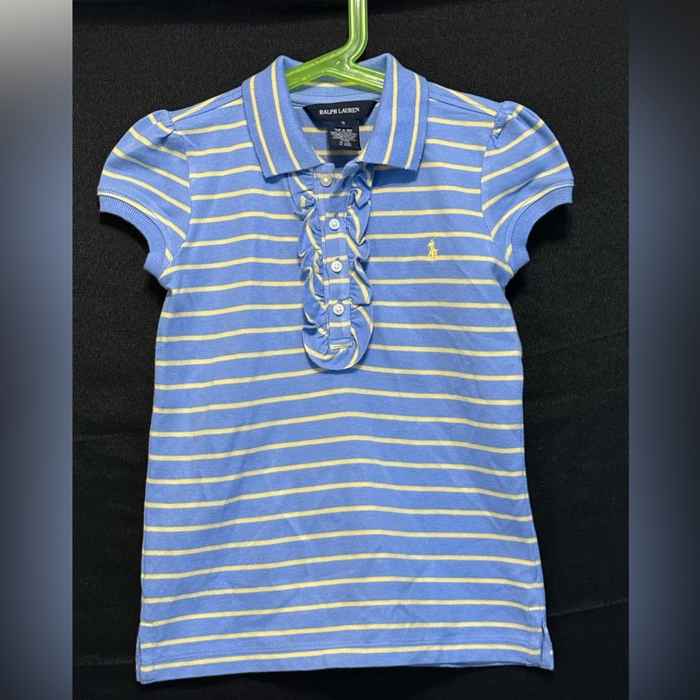 Ralph Lauren ruffle collar polo shirt 100% cotton blue yellow stripes girls Sz 5